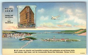SAN FRANCISCO, California HOTEL SHAW Birdseye Showing Bridges 1940s Postcard