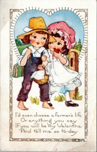 Whitney Made Valentine Postcard Farmer Boy Carrying Girls Books and Basket PF