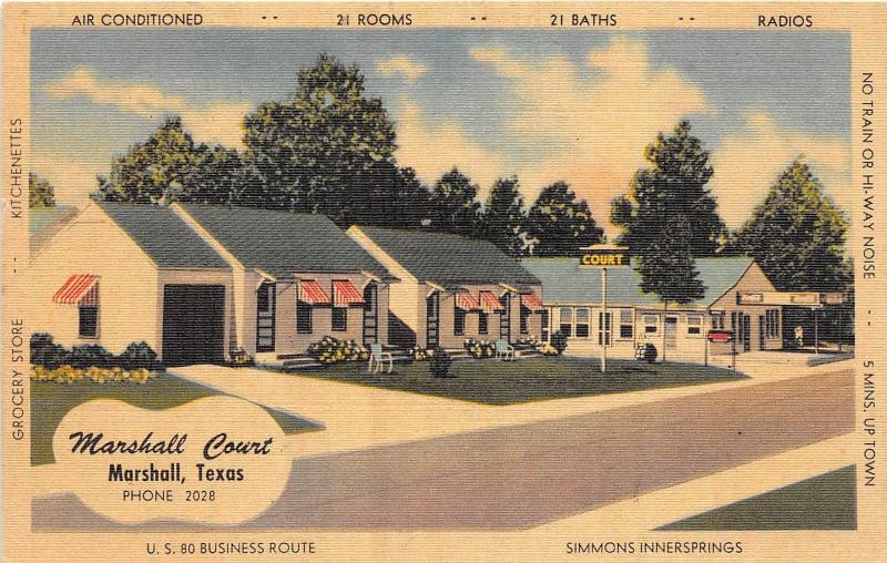 A57/ Marshall Texas Tx Postcard? Linen Ad Card Marshall Court Map Roadside