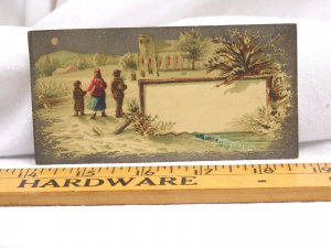 Victorian Christmas Winter Scene Trade Card Family Church Snow Moon Night F42