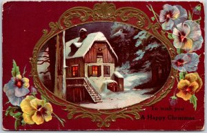 1918 To Wish You Happy Christmas Snow-Capped House Pansies Posted Postcard