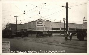 Bellingham WA Public Market Trucks & Trolley c1910 Real Photo Postcard