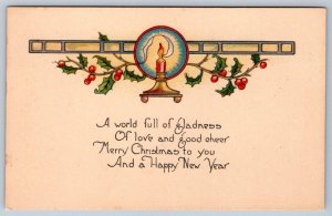 Merry Christmas And A Happy New Year, Rhyme, Holly, Candle, Vintage Postcard #2