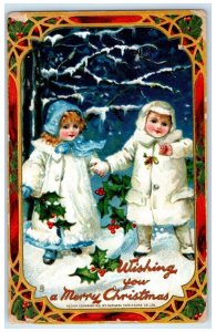 1910 Christmas Children Winter Dress Holly Berries Tuck's Jamaica NY Postcard