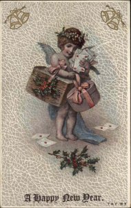 New Year's Angel Gifts Letters Embossed c1900s-10s Postcard