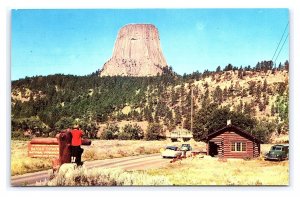 Devil's Tower Wyoming Postcard Sign Cabin Old Cars