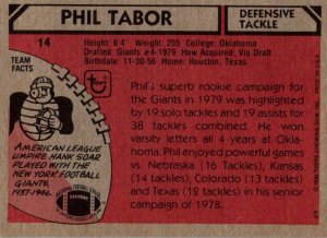 1980 Topps Football Card Phil Tabor DT New York Giants sun0069