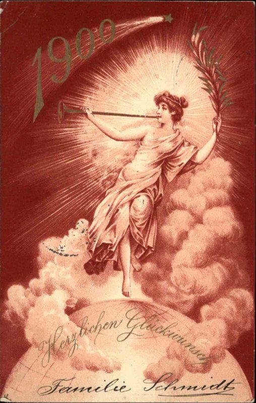 Art Nouveau 1900 New Year Semi Nude Woman Globe & Sky Used Postcard