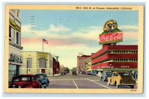 1944 View Of St. At Chester Cars Coca Cola Bakersfield California CA Postcard 