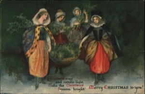 Clapsaddle Women Christmas Trees by Candlelight Wolf Vintage Postcard