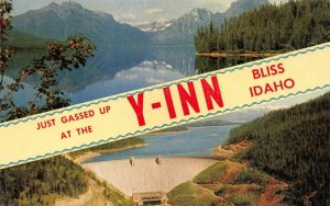 BLISS, ID Idaho  JUST GASSED UP AT Y-INN  Bliss Dam~Snake River  Chrome Postcard