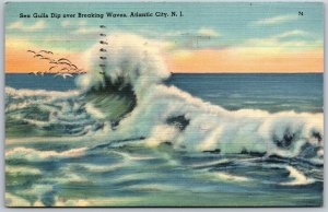 Vtg Atlantic City New Jersey NJ Sea Gulls Dip Over Breaking Waves 1940s Postcard