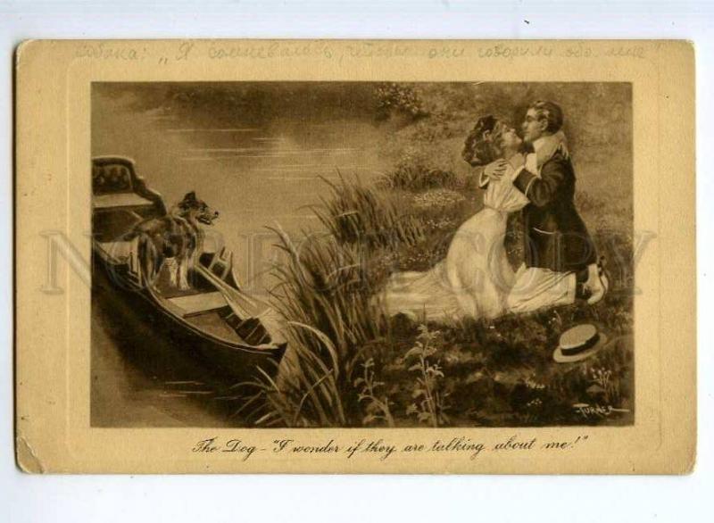 245308 Kiss of Lovers COLLIE Dog in Boat by TURNER Vintage PC