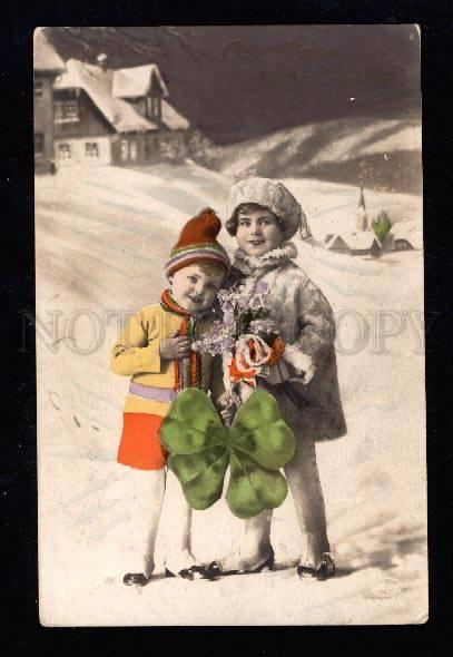 023896 X-mas Children w/ Happy CLOVER. Vintage Photo