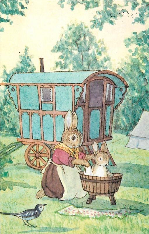 Gypsy Bunny Baby Rabbit Bath by Margaret Tempest Antropomorphic Mother Rabbits