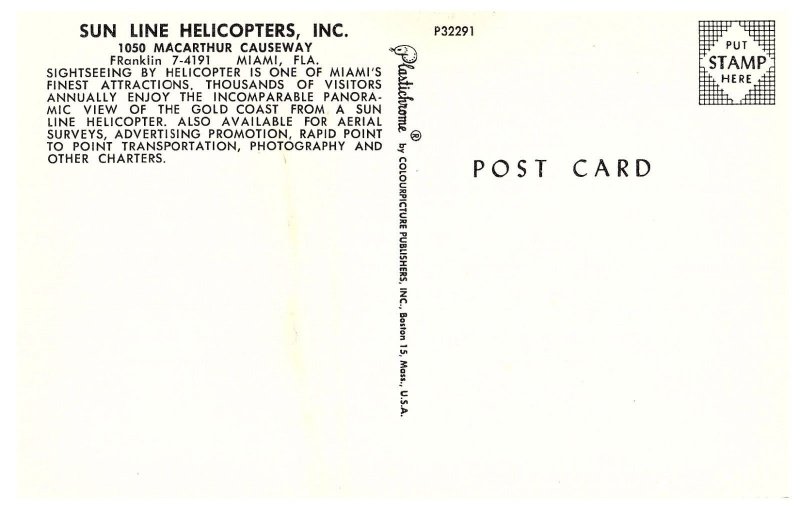 Sun Line Helicopters Inc 1050 MacArthur Causeway Miami Airplane Postcard