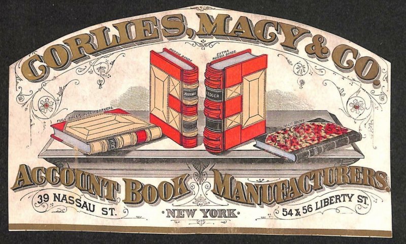 New York NY Gorliies Macy Account Book Manufacturers  Early 4 x 7.5 Tradecard