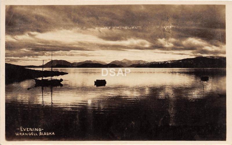 A47/ Wrangall Alaska AK Real Photo RPPC Postcard c1920 Evening Boats Mountains 1