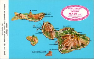 Postcard HI Aloha Airlines map Islands of Molokai Maui and Lanai