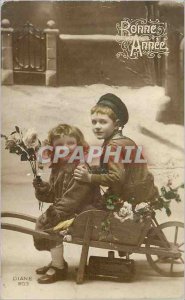 Postcard Happy New Year Old Children Wheelbarrow