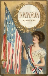 Decoration Day Beautiful Woman w/ Tattered American Flag Gold Embossed PC