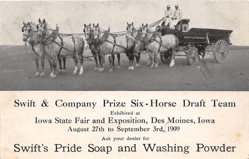 F6/ Des Moines Iowa Postcard 1909 Swift & Company Horse Draft Team