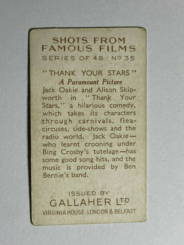 CIGARETTE CARD - GALLAHER FAMOUS FILMS #35 THANK YOUR STARS (UU18) 