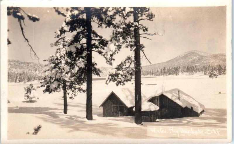 RPPC BIG BEAR LAKE, CA California   CABIN on LAKE in WINTER  c1920s Postcard