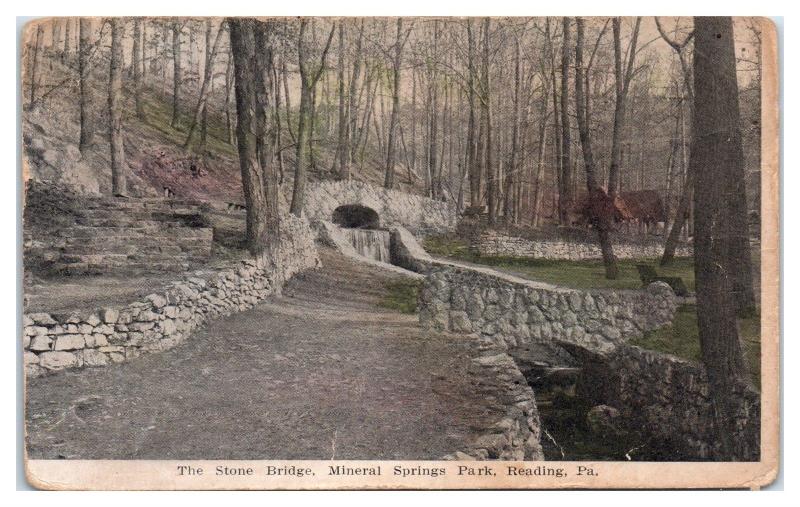 1913 The Stone Bridge, Mineral Springs Park, Reading, PA Postcard