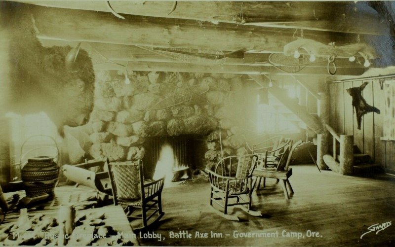 C.1900-10 RPPC Lobby Battle Axe Inn Government Camp, OR Vintage Postcard F76