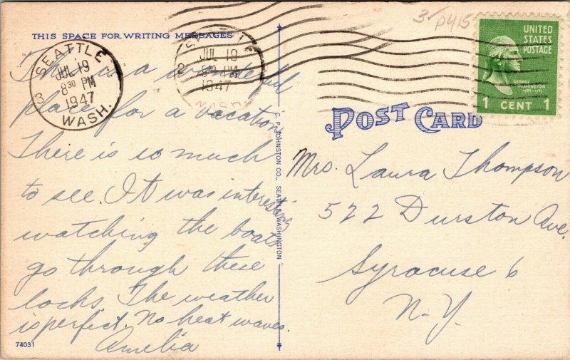 Vtg 1940s Canal Locks Second to Panama Seattle Washington WA Linen Postcard