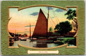 1910's Off For A Sail Boats Harbor Boating Adventure Sunset Water Sport Postcard