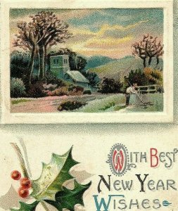 1907-15 New Year Farm Scene Postcard Holly Berries Rural Wishes Best Embossed 