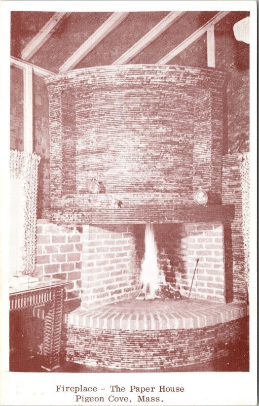 Paper House Fireplace Pigeon Cove Massachusetts Interior Historical UNP Postcard 