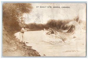 1930 Exaggerated Fish Fishing Sault Ste. Marie Canada RPPC Photo Postcard 