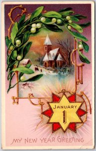 My New Year Greeting, Green Leaf & Snow Houses, January 1, Vintage Postcard