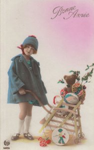 Teddy Bear On High Chair Antique Tinted New Year Greetings Postcard