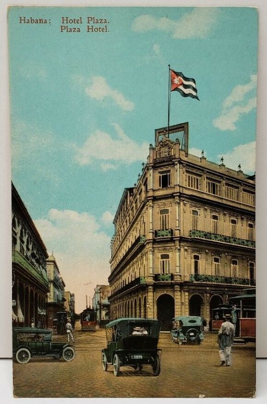 Cuba Habana Hotel Plaza, Plaza Hotel Rare Trolleys Cars Pedestrians Postcard C13