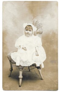 Baby Girl Sitting on Chair, Unused Velox Real Photo Post Card, RPPC c1912