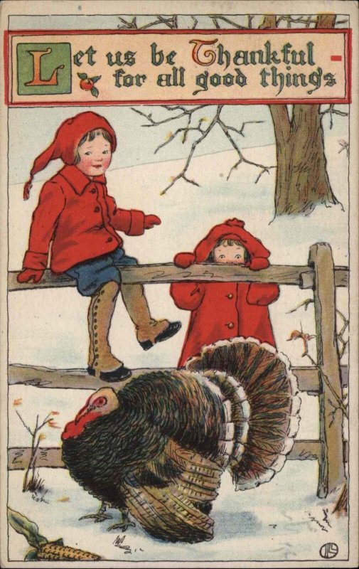 Thanksgiving Cute Kids Watching Giant Turkey c1910 Vintage Postcard