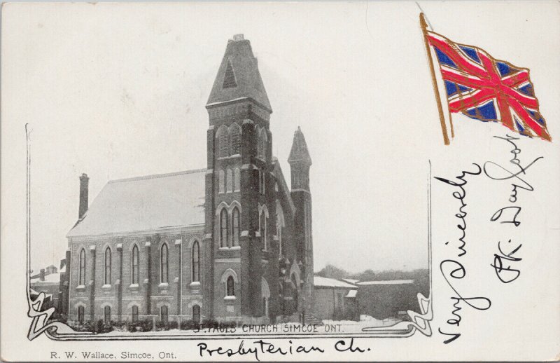 St. Pauls Church Simcoe Ontario ON Patriotic Flag c1905 RW Wallace Postcard F67