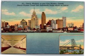 Detroit MI as seen from Windsor Canada Multi View c1954 Vintage Postcard H05