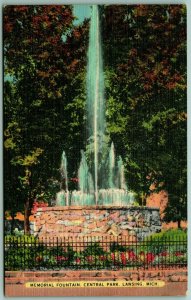 Memorial Fountain Central Park Lansing Michigan MI UNP Linen Postcard A11