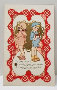 Valentine's To One I Love Adorable Children Embossed Gold Gild Postcard B10