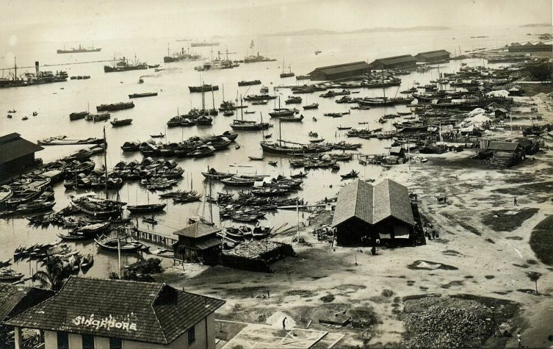 singapore, Panorama Harbour Fishing Boats (1910s) RPPC Postcard