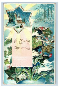 Vintage Star Santa Church Snow Christmas Postcard F108E