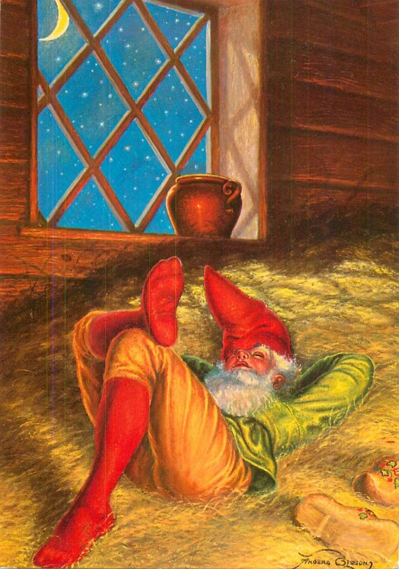 Sleeping gnome caricature Sweden Christmas and New Year greetings postcard