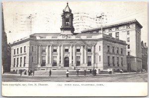 VINTAGE POSTCARD THE TOWN HALL AT STAMFORD CONNECTICUT 1907 FLAG CANCEL MAILED