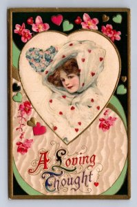VALENTINE HOLIDAY SCHMUCKER WINSCH A LOVING THOUGHT ROSES HEARTS SILK POSTCARD