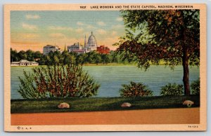 Madison Wisconsin~Lake Monona & State Capitol Bldg~Colortone~Vintage Linen PC